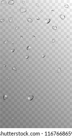 Rain Drops on Transparent Background. Realistic Water Drops for Your Design. Condensation on Glass with many Fresh Droplet. Dew Drop Background. Vector illustration. 