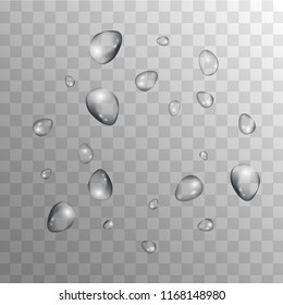 Rain Drops on Transparent Background. Cool Water Drops for Your Design. Condensation on Glass with many Fresh Droplet. Dew Drop Background. Vector illustration. 