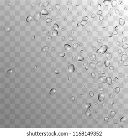 Rain Drops on Transparent Background. Realistic Water Drops for Your Design. Condensation on Glass with many Clean Droplet. Background for Cosmetic  Vector illustration. 