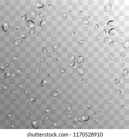 Rain Drops on Transparent Background. Beautiful Water Drops for Your Design. Condensation on Glass with many Fresh Droplet. Dew Drop Background. Vector illustration. 