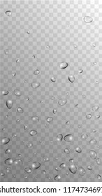 Rain Drops on Transparent Background. Beautiful Water Drops for Your Design. Condensation on Glass with many Fresh Droplet. Beauty Background.  Vector illustration. 
