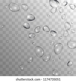 Rain Drops on Transparent Background. Cool Water Drops for Your Design. Condensation on Glass with many Fresh Droplet. Dew Drop Background. Vector illustration. 