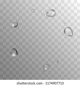 Rain Drops on Transparent Background. Realistic Water Drops for Your Design. Condensation on Glass with many Fresh Droplet. Background for Cosmetic  Vector illustration. 