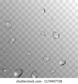 Rain Drops on Transparent Background. Realistic Water Drops for Your Design. Condensation on Glass with many Clean Droplet. Background for Cosmetic  Vector illustration. 