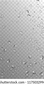 Rain Drops on Transparent Background. Realistic Water Drops for Your Design. Condensation on Glass with many Clean Droplet. Background for Cosmetic  Vector illustration. 