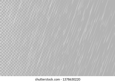 Rain drops on transparent background. Falling water drops. Nature rainfall. Vector illustration.