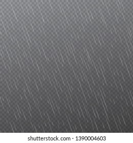 Rain drops on transparent background. Falling water drops. Nature rainfall. Vector illustration.