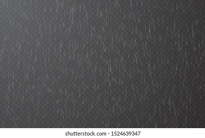 Rain drops on transparent background. Falling water drops. Nature rainfall. Vector illustration.