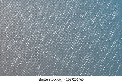 Rain drops on transparent background. Falling water drops. Nature rainfall. Vector illustration.