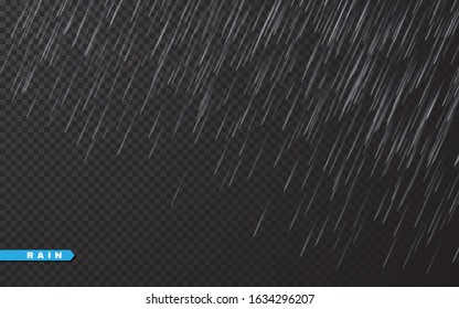 Rain drops on transparent background. Falling water drops. Nature rainfall. Vector illustration.