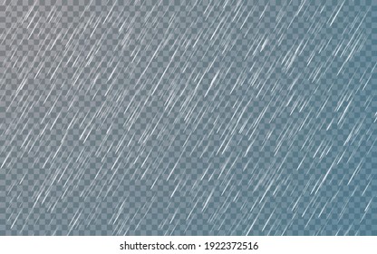 Rain drops on transparent background. Falling water drops. Nature rainfall. Vector illustration.
