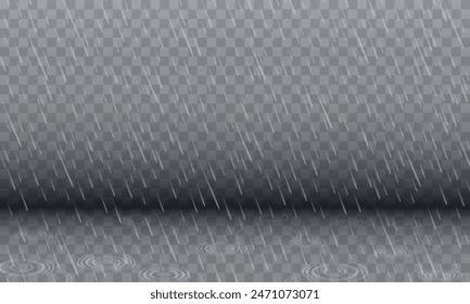 Rain drops on transparent background. Falling water drops. Nature rainfall and circles on the water.