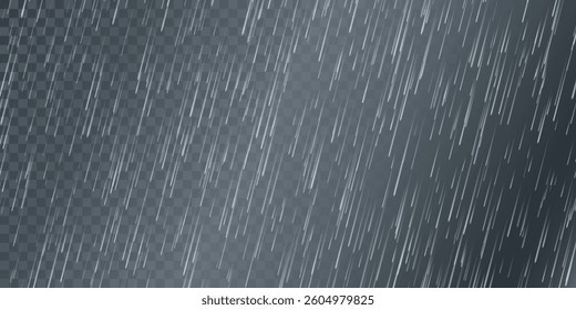 Rain drops on transparent background. Falling water drops. Nature rainfall. Vector illustration.