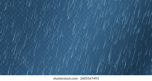 Rain drops on transparent background. Falling water drops. Nature rainfall. Vector illustration.