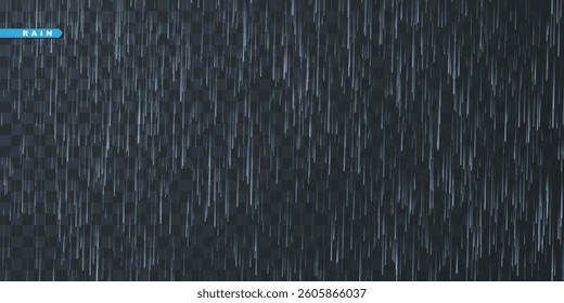 Rain drops on transparent background. Falling water drops. Nature rainfall. Vector illustration.