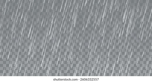Rain drops on transparent background. Falling water drops. Nature rainfall. Vector illustration.