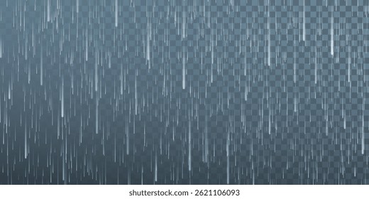 Rain drops on transparent background. Falling water drops. Nature rainfall. Vector illustration.