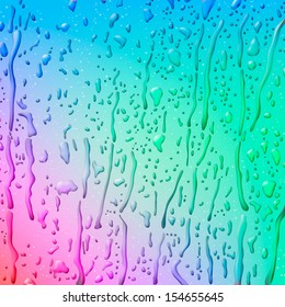 Rain drops on window glass with abstract green-pink background, vector image. 