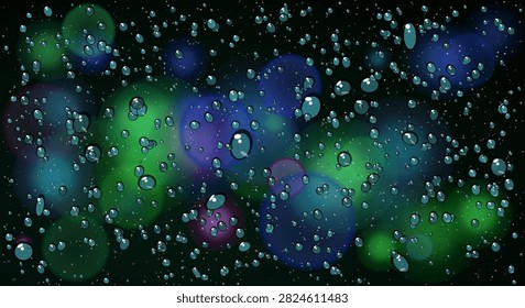 Rain drops on window glass. abstract blurry bokeh circles background in dark green, blue, and purple colors. water droplets, bubbles.