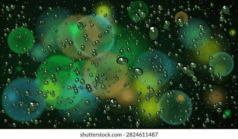Rain drops on window glass. abstract blurry bokeh circles background in dark green, yellow, and blue colors. water droplets, bubbles.