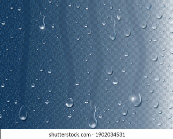 Rain drops on window. Realistic 3d condensation water drop and vapor bubble on glass surface. Pure liquid droplet vector transparent concept. Glass condensation, bubble wet on surface illustration