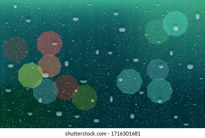 Las lluvias caen por la ventana con las luces de bokeh en la calle. Antecedentes realistas. 