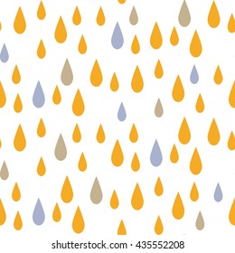 Rain drops seamless vector pattern. Blue and yellow rainfall in the sky on white background. Minimalist style textile fabric kid cartoon ornament.