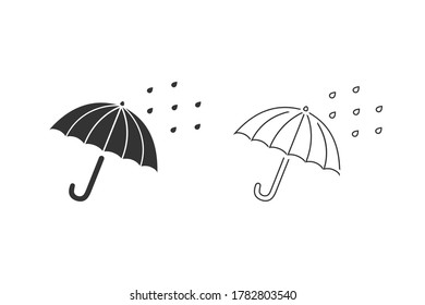 Rain drops umbrella line icon set. Vector