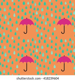 Rain drops and umbrella seamless pattern background; editable color background.