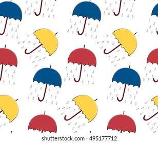 Rain drops and umbrella seamless pattern. Hand drawn vector illustration on a white background