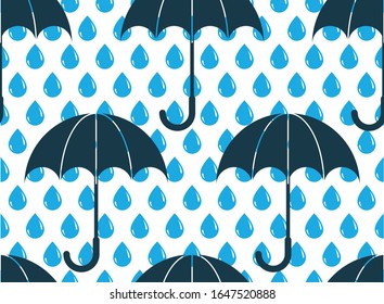 Rain drops and umbrellas seamless pattern, weather nature motif vector blue colored repeat endless background, dew water dripping falling.