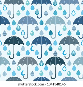 Rain drops and umbrellas seamless pattern, weather nature motif vector blue colored repeat endless background, dew water dripping falling.