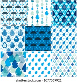 Rain drops and umbrellas seamless patterns set, weather nature motif vector blue colored repeat endless backgrounds collection, dew water dripping falling.