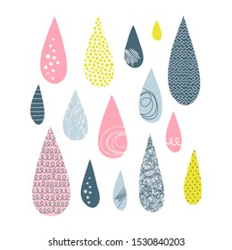 Rain drops vector illustrations set. Multicolor droplets flat simple composition. Cartoon raindrops with scribble, horizontal lines and dots drawing. Pink, blue, yellow doodle dribbles collection