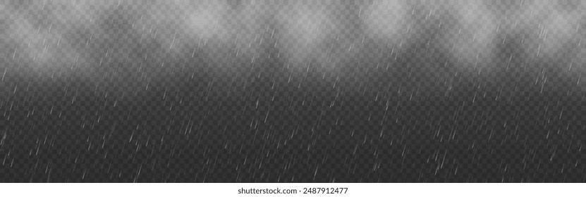 Rain effect. Clouds and water droplets. Realistic rain and fog. Rainfall background. Storm weather concept. Water drops on transparent background. Vector illustration.