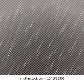 Rain Effect on Transparent Grid Background. Falling Water Drops. Vector Illustration.