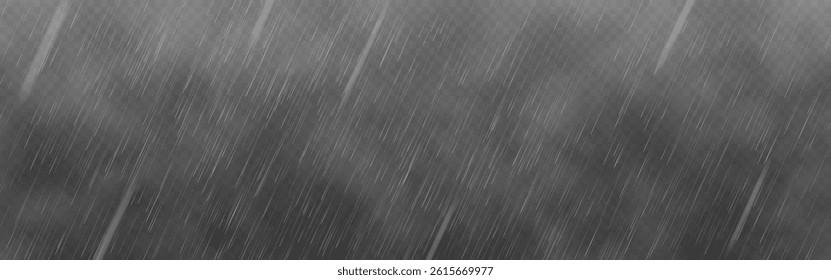 Rain Effect. Storm with water drops falling on transparent background. Realistic heavy rain with fog for overlay use or weather design. Vector illustration.