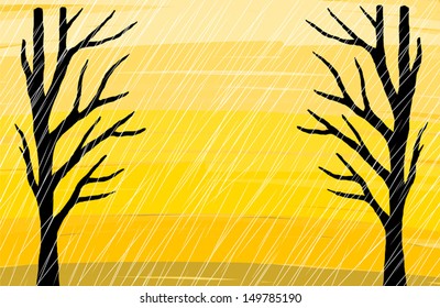 rain fall on dry tree branch with yellow background