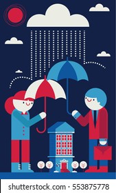 Rain fall on top of a corporate building but a businessman and a businesswoman stop it with their umbrellas