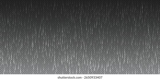 Rain fall texture isolated on transparent backdrop. Vertical vector lines of rain create downpour effect, ideal for weather designs, rain overlays, or hail rainy backgrounds in various projects.