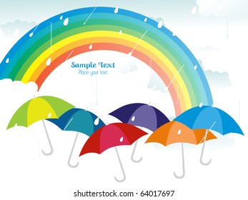 rain falling background with rainbow and colorful umbrellas