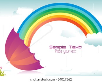 rain falling background with rainbow and isolated umbrella
