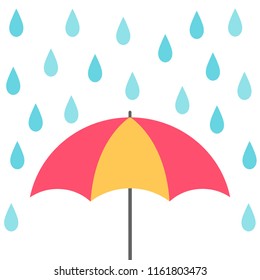 Rain falling on the colorful umbrella. Rainy day. Vector illustration