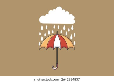 Rain falling on colorful umbrella in pastel tones, flat vector weather scene for kids, simple design for educational content, seasonal decoration, and digital use


