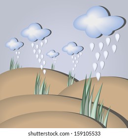 rain falling on desert hills is bringing plants to life, vector illustration