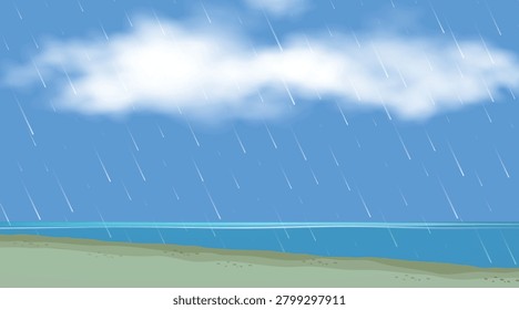 Rain falling over beach and sea background