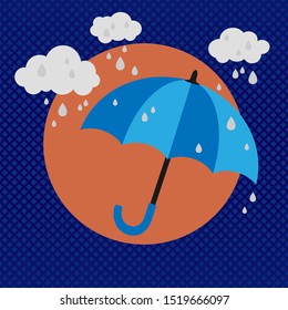 Rain falling over umbrella. Rainy weather background, vector flat design