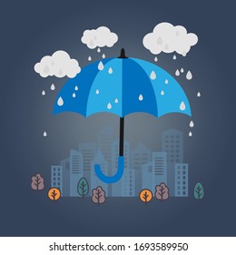 Lluvia cayendo sobre el paraguas. Fondo del clima lluvioso, edificios de la ciudad. Diseño plano vectorial