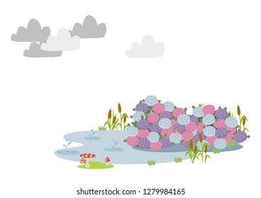 Rain falling in the pond.
Illustration of the rainy season.
Creatures on the borderline.