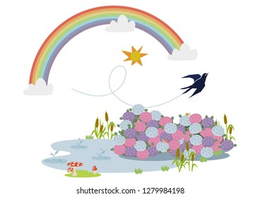 Rain falling in the pond.
Illustration of the rainy season.
Creatures on the borderline.